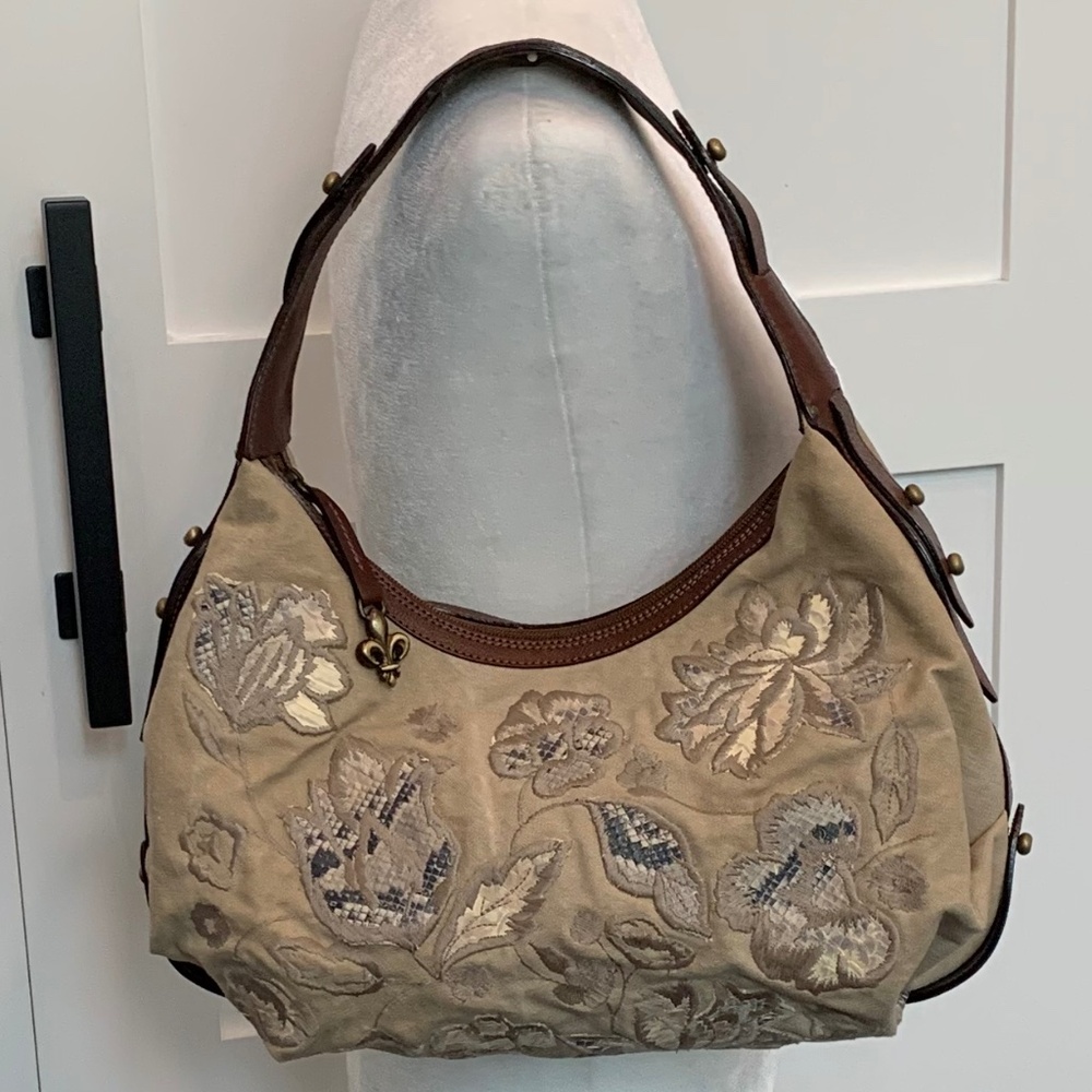 DONALD J PLINER COUTURE HANDBAG with Canvas body and Python leather flowers.